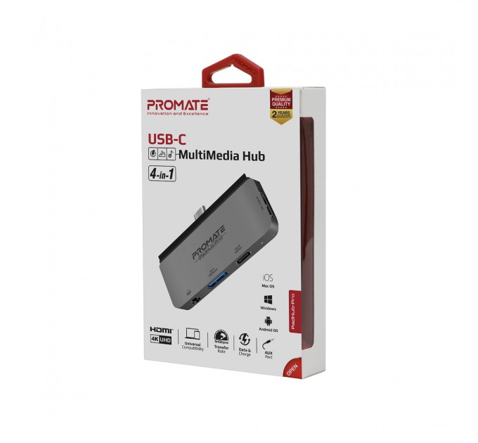 Promate Концентратор USB Type-C Promate PadHub-Pro 4 in 1 Grey (padhub-pro.grey)