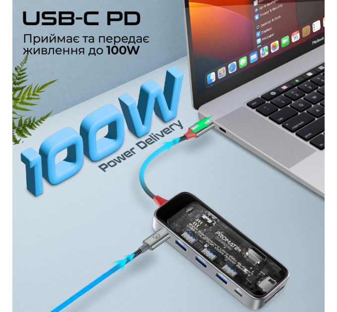 Promate Концентратор USB Type-C Promate TransHub-Go 9 in 1 Grey (transhub-go)