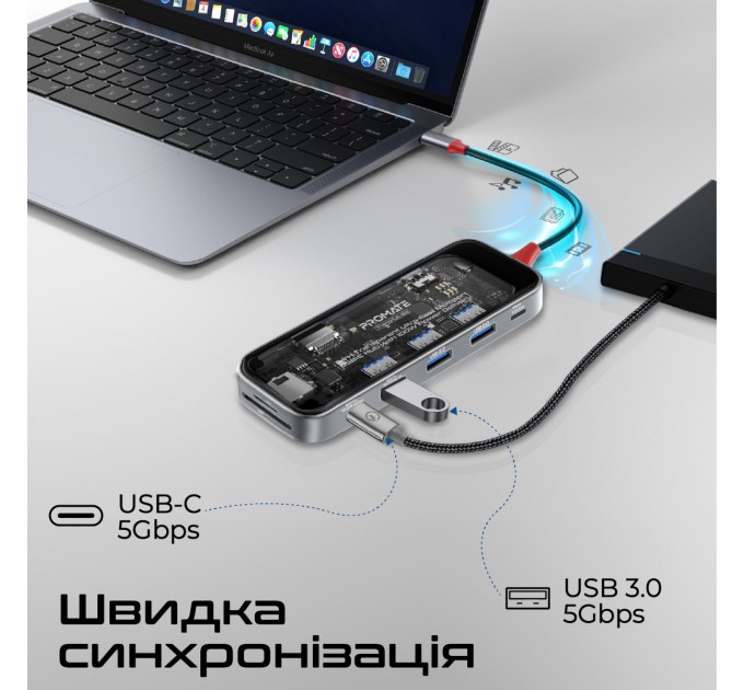 Promate Концентратор USB Type-C Promate TransHub-Go 9 in 1 Grey (transhub-go)