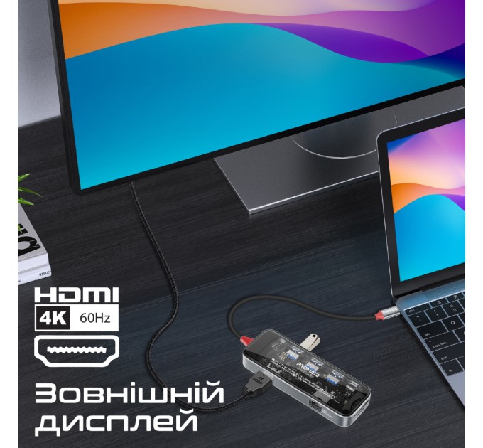 Promate Концентратор USB Type-C Promate TransHub-Go 9 in 1 Grey (transhub-go)