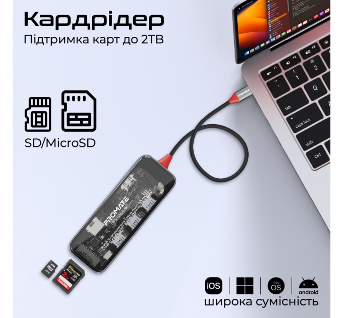 Promate Концентратор USB Type-C Promate TransHub-Go 9 in 1 Grey (transhub-go)