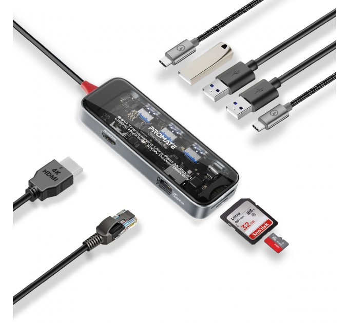 Promate Концентратор USB Type-C Promate TransHub-Go 9 in 1 Grey (transhub-go)
