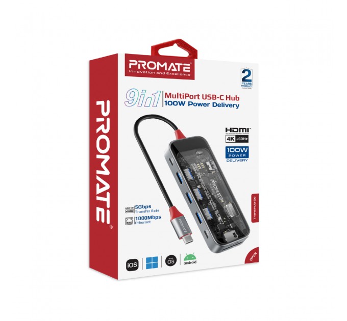 Promate Концентратор USB Type-C Promate TransHub-Go 9 in 1 Grey (transhub-go)