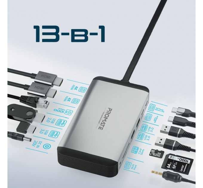 Promate Концентратор USB Type-C Promate VersaHub 13 in 1 Grey (versahub-mst.grey)