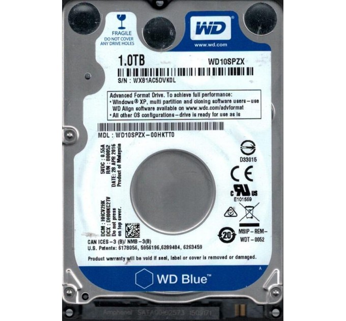 WD_ Накопичувач HDD 2.5" SATA 1.0TB WD Blue 5400rpm 128MB (WD10SPZX) Ref