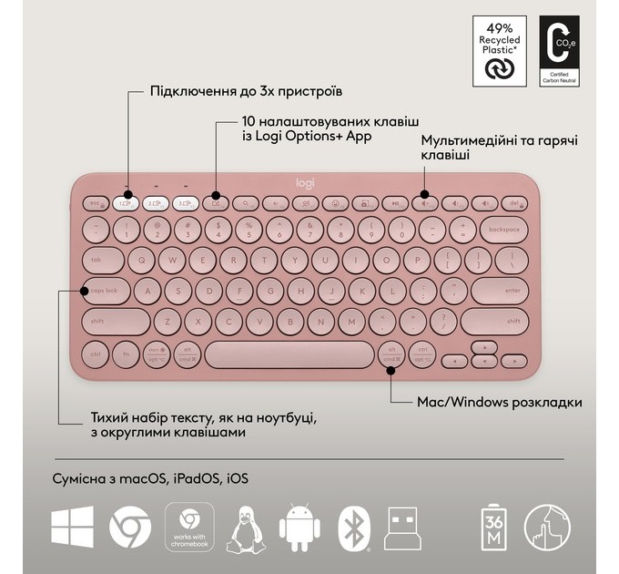 Logitech Комплект (клавіатура, миша) бездротовий Logitech Pebble 2 Combo Rose (920-012241)