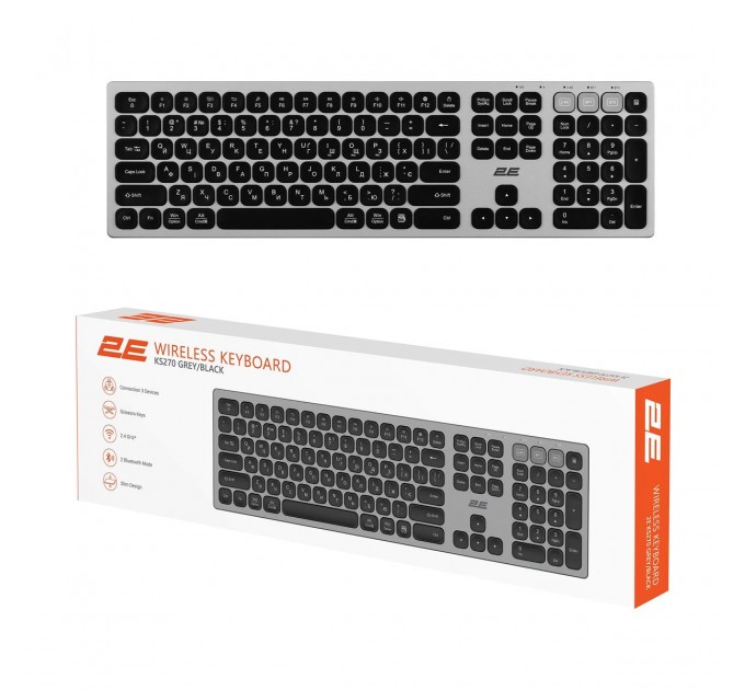 2E Клавіатура бездротова 2E KS270 WL/BT EN/UKR Grey/Black (2E-KS270WBGR_UA)