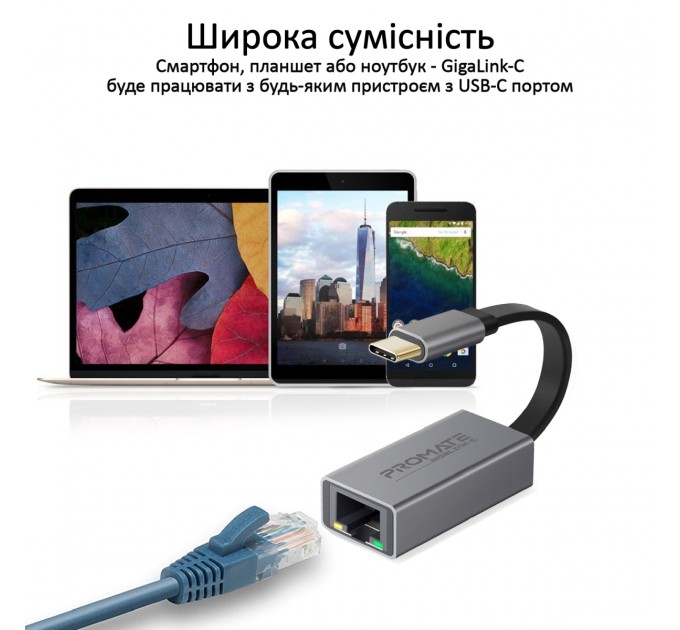 Promate Мережевий адаптер Promate GigaLink-C Grey (gigalink-c.grey)