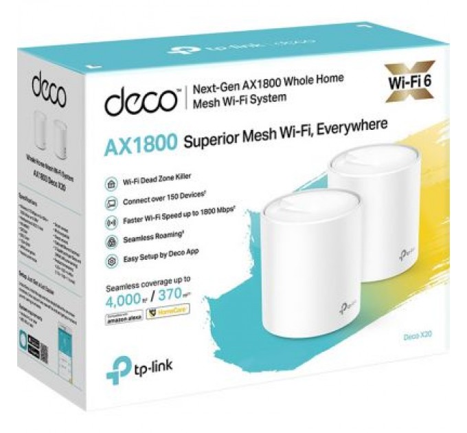 TP-Link Точка доступу Wi-Fi TP-Link DECO X20 2PK AX1800 1xGE LAN 1xGE WAN MU-MIMO OFDMA MESH (DECO-X20-2-PACK)