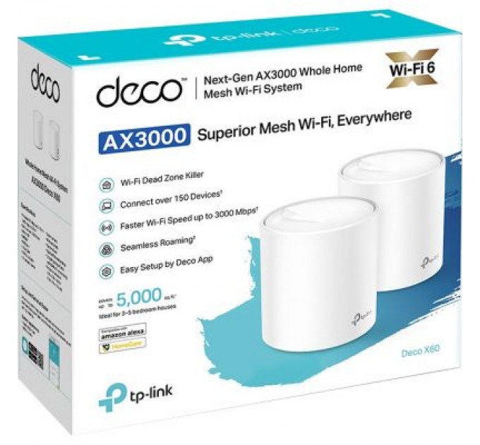 TP-Link Точка доступу Wi-Fi TP-Link DECO X60 2PK AX3000 1xGE LAN 1xGE WAN MU-MIMO OFDMA MESH (DECO-X60-2-PACK)