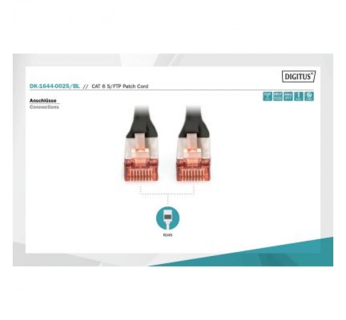 Digitus Патч-корд 0.25м, CAT 6 S-FTP, AWG 27/7, LSZH, Black Digitus (DK-1644-0025/BL)