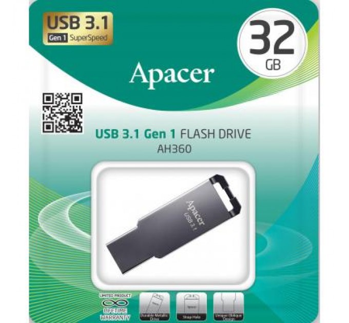 Apacer USB флеш накопичувач Apacer 32GB AH360 Ashy USB 3.1 Gen1 (AP32GAH360A-1)