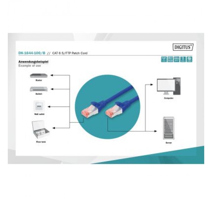 Digitus Патч-корд 10м, CAT 6 S-FTP, AWG 27/7, LSZH, blue Digitus (DK-1644-100/B)