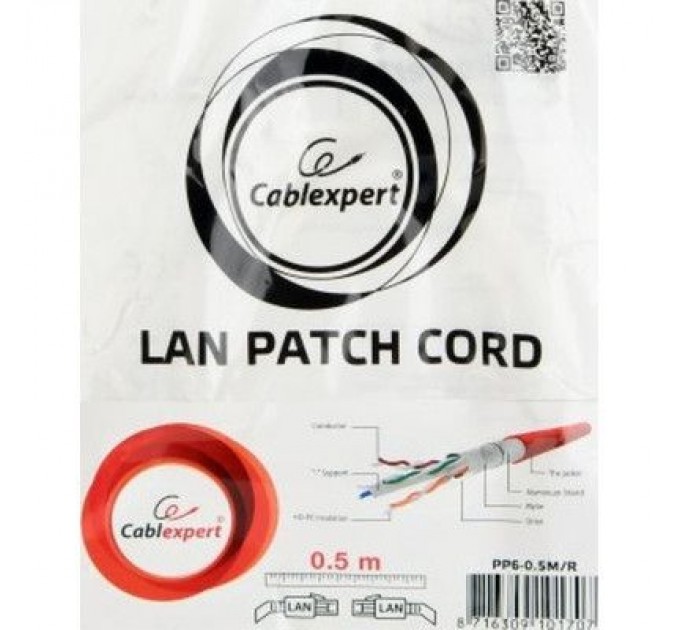Cablexpert Патч-корд 0.5м FTP cat 6 CCA red Cablexpert (PP6-0.5M/R)