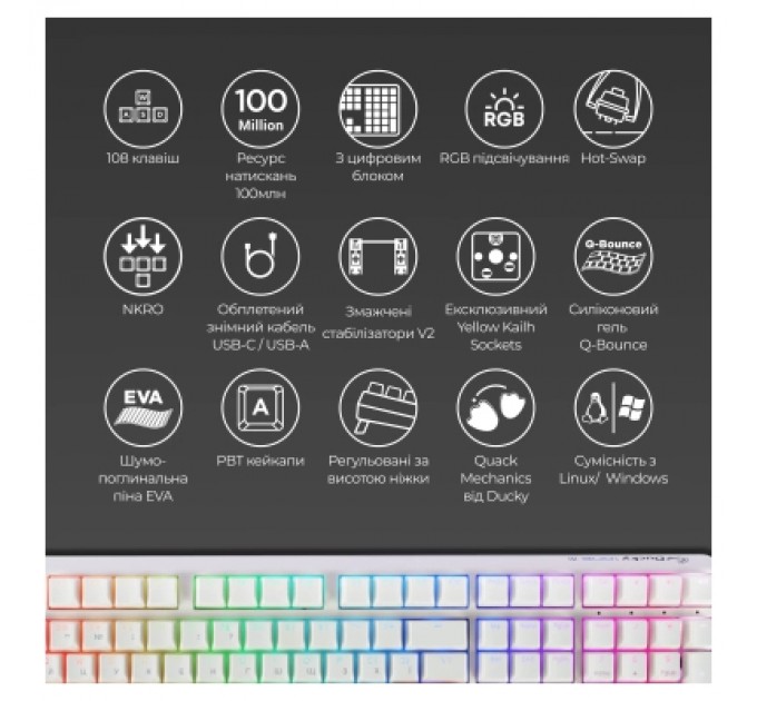 Ducky Клавіатура Ducky One 3 Cherry MX Speed Silver RGB UA USB White (DKON2108ST-PUAPXPWWWSC1)