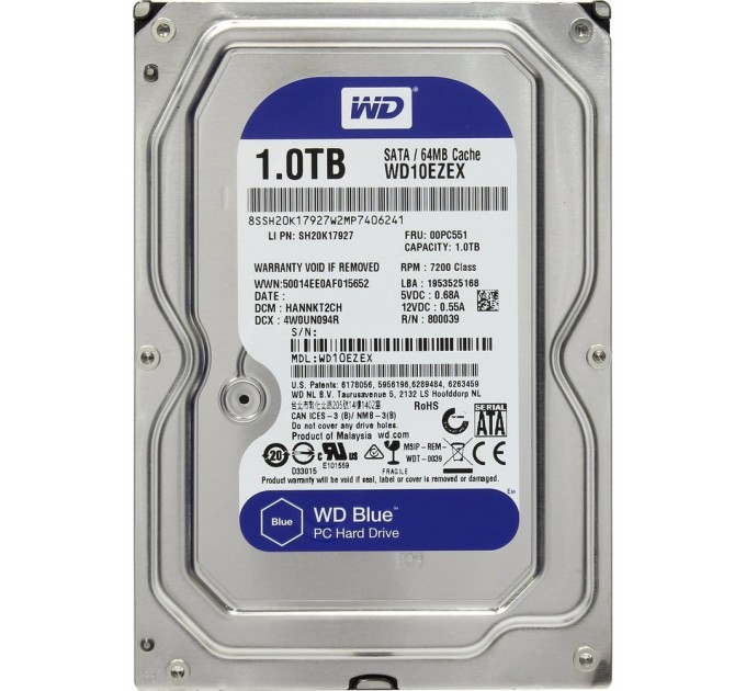 WD_ Накопитель HDD SATA 1.0TB WD Blue 7200rpm 64MB (WD10EZEX) Refurbished