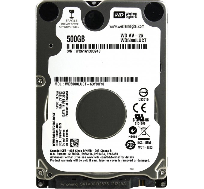WD_ Накопитель HDD 2.5" SATA  500GB WD AV-25 5400rpm 16MB (WD5000LUCT) Refurbished